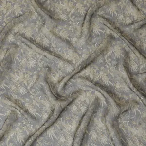 Gray and Gold Floral Synthetic Organza Fabric - 110 cm Width, Made in India-D19648