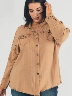 Studded Oversized Plus Button Shirt with Frayed Edges